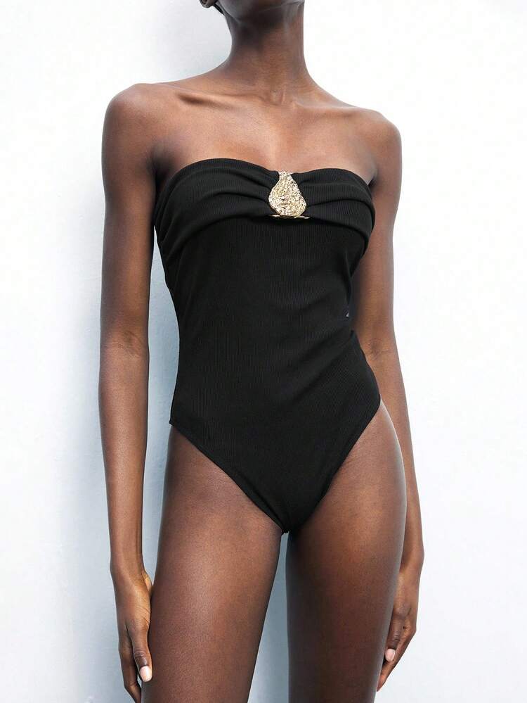 SHEIN Maija Women's Fashionable Sexy Metal Decor Bandeau Bodysuit