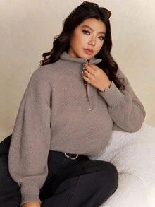 Elaquor 大码休闲简约基本款家居服宽松纯色半拉链针织毛衣，秋冬 - 咖啡棕 - 查看 5