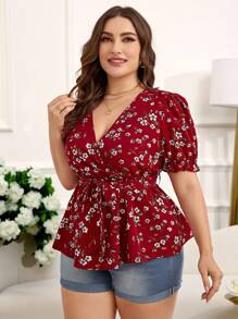 Reflora 大码花卉印花短袖衬衫，裹身款式，V 领，适合夏季 - 紅白色 - 查看 7