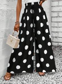 SHEIN LUNE Quần ống rộng dáng suông thoải mái, họa tiết chấm bi, cạp chun, dành cho nữ, kiểu dáng giáo viên, thích hợp mặc ở nhà. - Đen và trắng - Xem 6