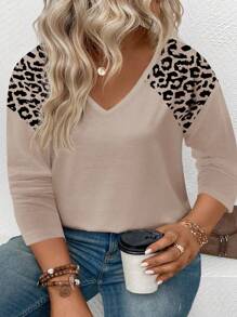 EMERY ROSE Women's Casual V-Neck Bestselling Leopard Print Pattern Plus Size Long Sleeve T-Shirt Fall Cloth For Women - Multicolor - View 3