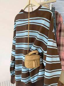 SHEIN Women's Colorful Striped Print Crew Neck Casual Sweatshirt, Long Sleeve, Autumn/Winter Pullover Fall