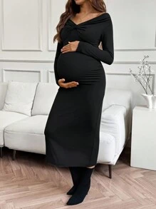 SHEIN Fall Clothes,Autumn Clothes,Maternity Autumn Clothes Maternity Elegant, Homewear, Fashionable Long Sleeve Maternity Midi Dress Maternity Dress Black Maternity Dress Pregnancy Dress Off The Shoulder Maternity Dress