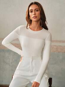 Anewsta Áo thun nữ màu trơn cổ tròn, vai thường, tay dài, ôm sát, chất liệu vải mỏng nhẹ, đa năng. - trắng - Xem 2