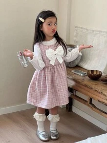 SHEIN 2 pièces/Set Robe rose à carreaux élégante pour filles avec Top à manches longues blanches, décoration de nœud 3D blanc, convient pour les sorties, l'école, les activités extérieures - Multicolore - Voir 3