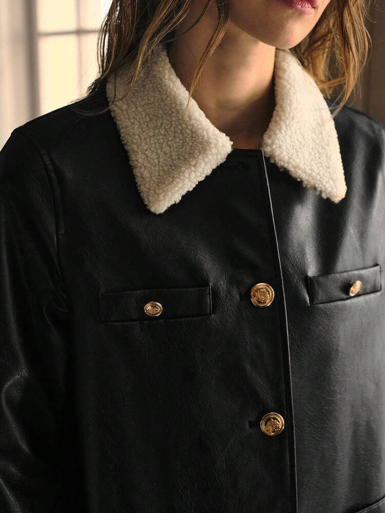 CHIC FAUX SHEARLING COLLAR & CUFFS 3/4 SLEEVE PU JACKET, AUTUMN/WINTER