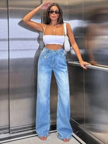 EURMUSE 100% Cotton High Waist Asymmetric Belt Wideleg Jean - Medium Wash - View 6