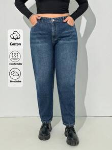 EURMUSE Plus High Waist Mom Fit Jeans - Dark Wash - View 1