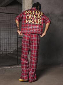 PAVTROS Manfinity Streetrush 男士街头风短款衬衫和裤子两件套，街头服饰，红色格子短款衬衫搭配抽绳长裤，个性化标语印花 Y2K 风格服装，前卫男士时尚，适合大学校园，送给他的礼物，圣诞节礼物 - 彩色 - 查看 3