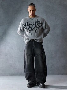 ROMWE MEN Street Life 休闲宽松直筒纽扣门襟男士破洞牛仔裤，适合日常穿着 - 黑色 - 查看 3