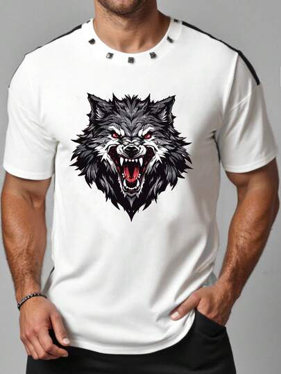 Manfinity LEGND 男士休闲撞色拼布标语和动物印花短袖 T 恤，夏季