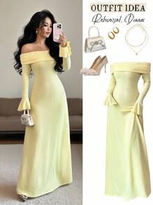 Rafferiza Modna i elegancka sukienka bankietowa o dopasowanym kroju, z jednym kołnierzykiem i długim rękawem w kolorze mlecznożółtym, na wiosnę i jesień