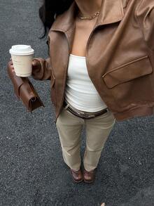 Siren Gaze Chic Brown PU Jacket For Women, 2025 New Fall Winter Clothes, Old Money Style Loose Fit Zip - Up With Patch Pockets, Elegant Casual Wear For Party/Commuting/Street Outfits, Must - Have Winter Jackets