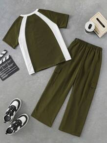 PAVTROS Tween Boy Color Block Short Sleeve T-Shirt And Cargo Pants Set - Green - View 2