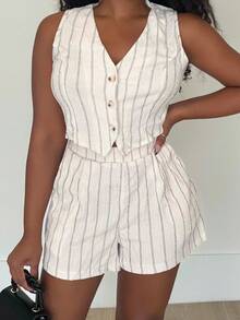 Alexandranx Women's Striped Single-Breasted Vest And Shorts Suit Set,Women Casual Sleeveless Short Waistcoat And Shorts Suit Set,Spring/Summer, Suitable For Daily Wear, Simple Fashion Casual Everyday Cami Tank Top And Utility Pocket Shorts Suit Set,Crepe De Chine Textured Micro Stretch Fabric,Elegant And Fashionable For Commuting,French Holiday Outfits - Apricot - View 3