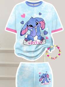 SHEIN 2 件可爱卡通蓝色兔子露露，针迹图案，扎染天蓝色，撞色饰边，年轻女孩休闲卡通图案圆领短袖上衣和喇叭裤套装，适合夏季