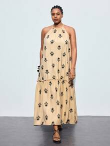 Maija Große Größen Sommer Lässig Kleid mit Blumen Allover-Muster und Trägerkragen