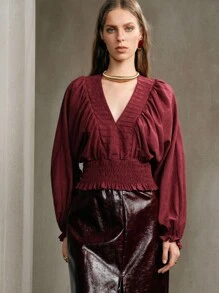 Aveloria Elegancka bluzka damska z plisowanymi marszczeniami i długim rękawem w stylu boho, w stylu boho - Burgund - Zobacz 8