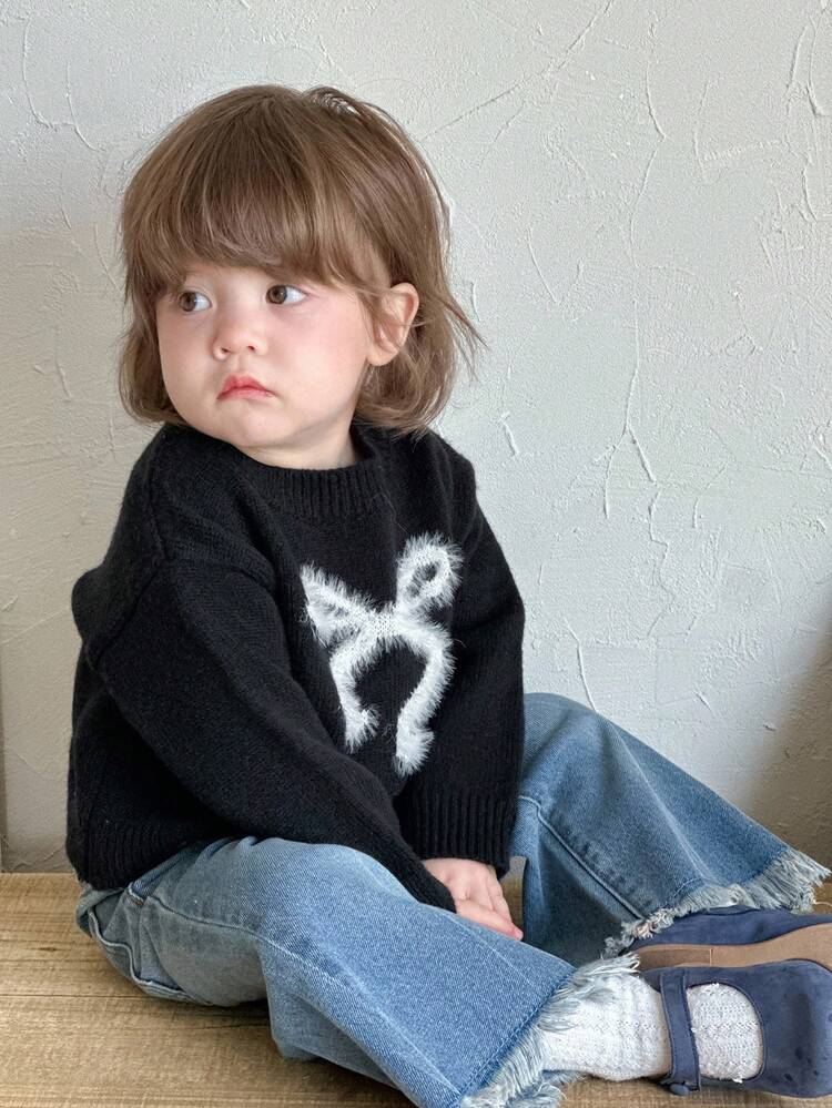 Baby Girls' Sweater With Bow Decor, Korean Style Round Neck, Long Sleeve Casual Knit Sweater, Autumn/Winter Toddler Girls Clothes