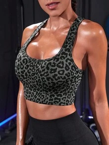 Easithlete 1 件女士性感豹纹无缝 U 领交叉后背高强度运动文胸，适合健身、锻炼、跑步、瑜伽 - 彩色 - 查看 3