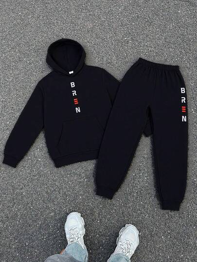 SHEIN 青少年男孩休闲字母图案口袋连帽衫和运动裤 2 件套