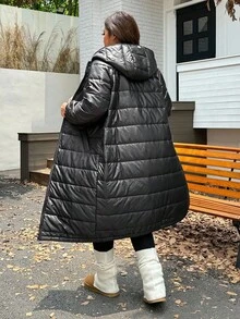 SHEIN EZwear Áo khoác dài có mũ trùm đầu cỡ lớn, đa năng cho mùa đông - màu đen - Xem 2