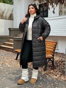 SHEIN EZwear Áo khoác dài có mũ trùm đầu cỡ lớn, đa năng cho mùa đông - màu đen - Xem 4