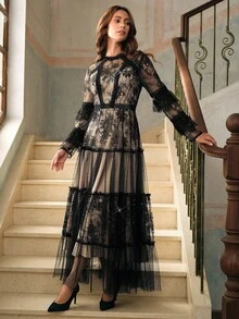 Anewsta 秋冬女士圆领蕾丝荷叶边拼接束腰喇叭下摆连衣裙 - 黑色 - 查看 7