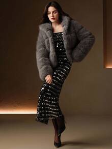 Anewsta Short Hooded Fluffy Faux Fur Patchwork Fashion Jacket, Autumn/Winter - Dark Grey - View 6