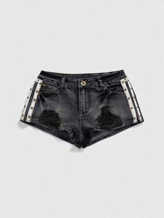 Grunge Punk Vintage gewaschene Y2K Stil Nieten Dekor Damen Jeans Shorts mit niedriger Taille, vielseitig für verschiedene Anlässe