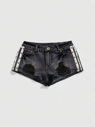 Grunge Punk Vintage gewaschene Y2K Stil Nieten Dekor Damen Jeans Shorts mit niedriger Taille, vielseitig für verschiedene Anlässe