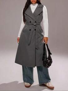 Rustia Abrigo gris de talla grande, de solapa, de doble botonadura, sin mangas, informal, de unicolor, holgado, tipo cortavientos, de longitud media - Gris - Ver 8