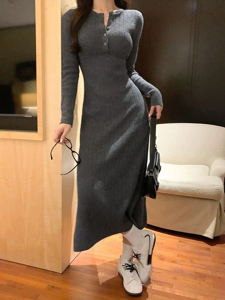 Women's Solid Color Long Sleeve Korean Style Sweater Dress, Autumn/Winter