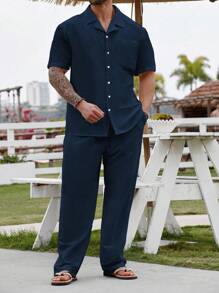 Manfinity RSRT Plus Size Men's Casual Solid Color Short Sleeve Shirt And Pants Set, Summer - Royal Blue - View 7