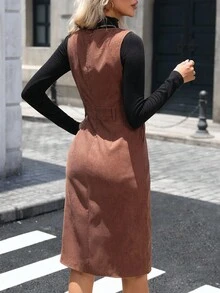 SHEIN LUNE Women's Solid Color Corduroy V-Neck Sleeveless Dress - Brown - View 2