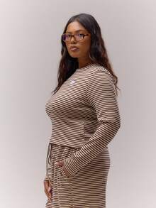 MUSERA Top Bordada de Manga Longa com Listras Plus Size, Elegante, Casual e Chique para Mulheres, Ideal para Férias, Primavera e Verão - Multicolorido - Visão 4