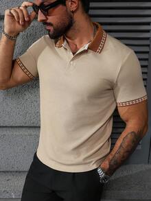 Manfinity Homme 男士几何拼接短袖休闲 Polo 衫 男士 Polo 衫 男士针织 Polo 衫 男士米色 Polo 衫 男士高尔夫衫 男士纹理 Polo 衫，复古风格 - 卡其色 - 查看 4