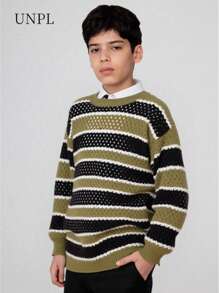 SHEIN Explorewe Suéter de cuello redondo con rayas gruesas para niños preadolescentes, verde militar, negro y blanco, adecuado para uso al aire libre, casual y en el hogar - Verde militar - Ver 2