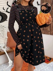 SHEIN 2件套孕妇条纹圆领长袖T恤和南瓜印花吊带裙 - 彩色 - 查看 8