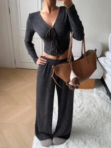 SHEIN EZwear 2pcs/Set Women Casual Grey Long Sleeve Tie Front Top And Wide Leg Pants,Autume/Winter - Grey - View 6