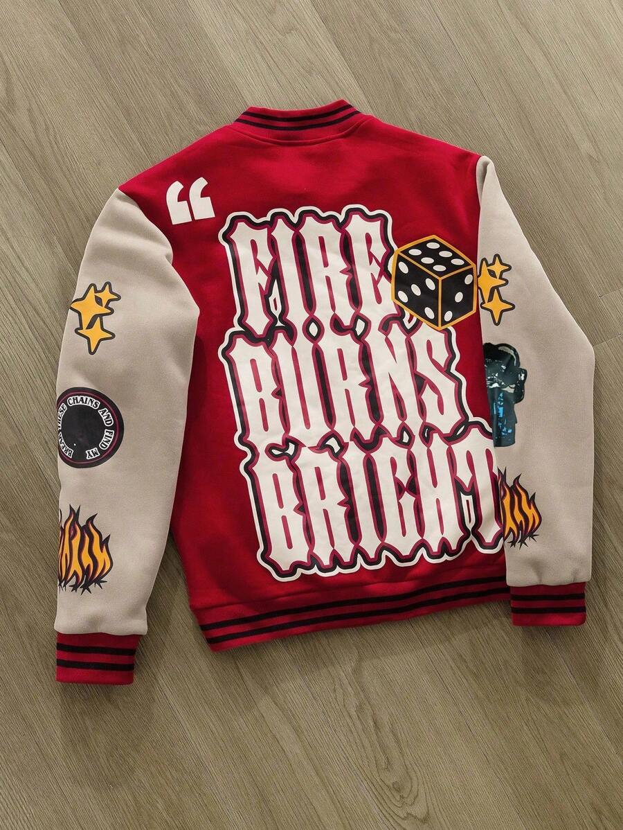 Manfinity Roghcode Men's Solid Color Letter Print Patchwork Long Sleeve Casual Baseball Jacket, Red Varsity Jacket, Red Graphic Jacket, For Fall - Multicolor - View 1