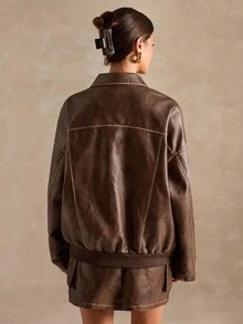 SHEIN BAE Chaqueta casual y oversize de unicolor para mujer para otoño/invierno, chaqueta de invierno para mujer, chaqueta burdeos, abrigos, chaqueta de PU casual, chaqueta oversize lavado premium marrón con detalle de costura