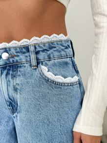 EURMUSE WOMEN DENIM WIDE LEG MID WAIST LACE BELT DETAIL JEANS - Light Wash - View 1