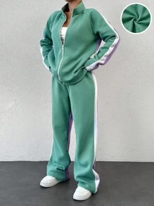 RueChic Cotton Contrast Side Seam Raglan Sleeve Jacket & Pants - Multicolor - View 4