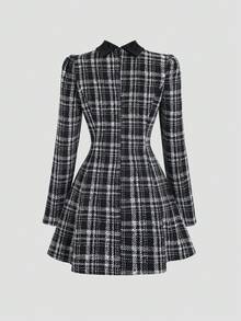 Sweetra 秋冬格纹腰部修身天鹅绒蝴蝶结裹身长袖短款连衣裙女 - 黑色 - 查看 2
