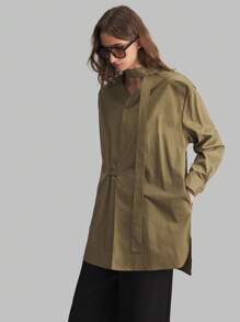 Ontre 2025 New Urban Casual Retro Japanese Style V-Neck Asymmetric Button Loop Loose Tie Accessory Women's Shirt, Minimalist Elegant For Spring/Summer - Army Green - View 5