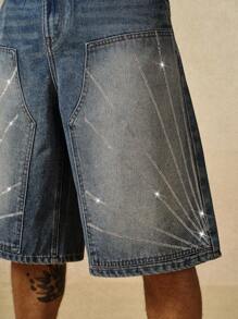 ROMWE MEN Street Life Men's Loose Fit Rhinestone Embellished Pocket Wide Leg Casual Denim Shorts - Blue - View 2