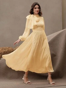 Anewsta Essential Abito elegante e versatile in tessuto plissettato e lucido, adatto per la primavera e l'autunno, con vita arricciata - Giallo - Visualizzare 4