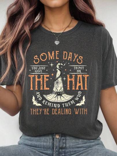 EMERY ROSE Halloween Plus Size Women's Funny Witch T-Shirt, 'some Days I Just Have To Put On The Hat To Remind Them Who They Are Dealing With', Funny Witchcraft, Witch Hat, Scary Witch Round Neck Short Sleeve Tops