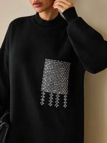 EURMUSE Black Knit Tunic With Rhinestone-Studded Pocket And Fringe Detailing Long Sleeve Two Piece Set Lounge Wear Knit Two Piece Set Two Piece Lounge Set Womens Knit Set,Co Ord,Winter Clothes - Black - View 2